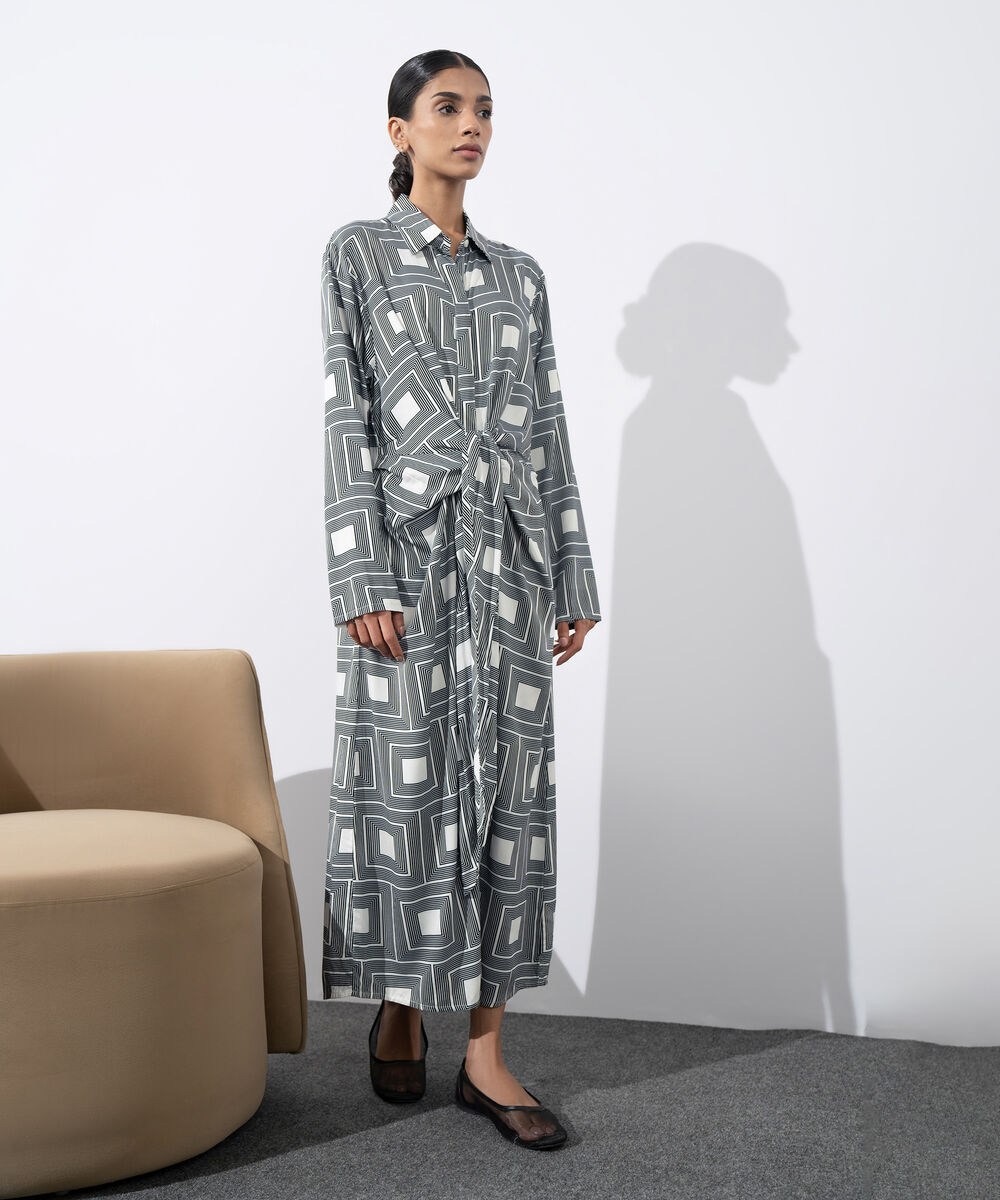 Women's Western Wear Black & white Printed Tie-Knot Dress