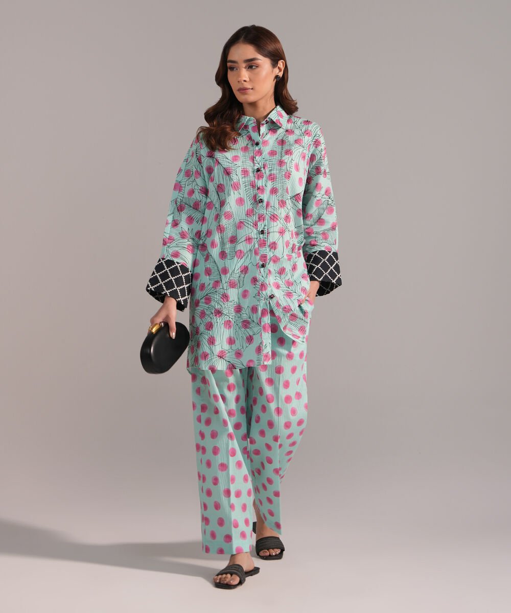 Women's RTW Seersucker Printed Turquoise Drop Shoulder Shirt