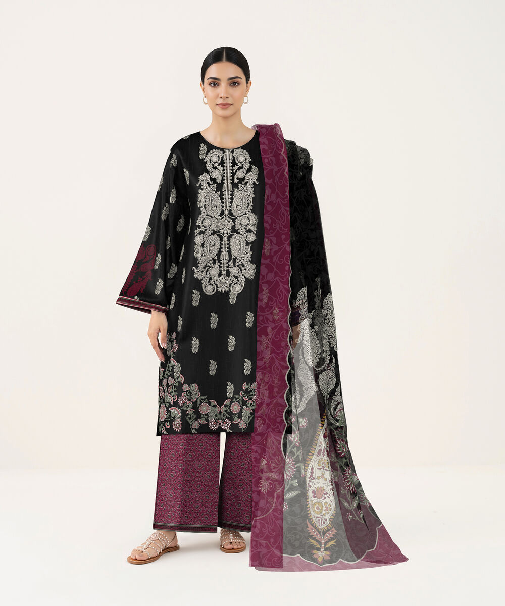Women's Unstitched Lawn Black Embroidered 3 Piece Suit