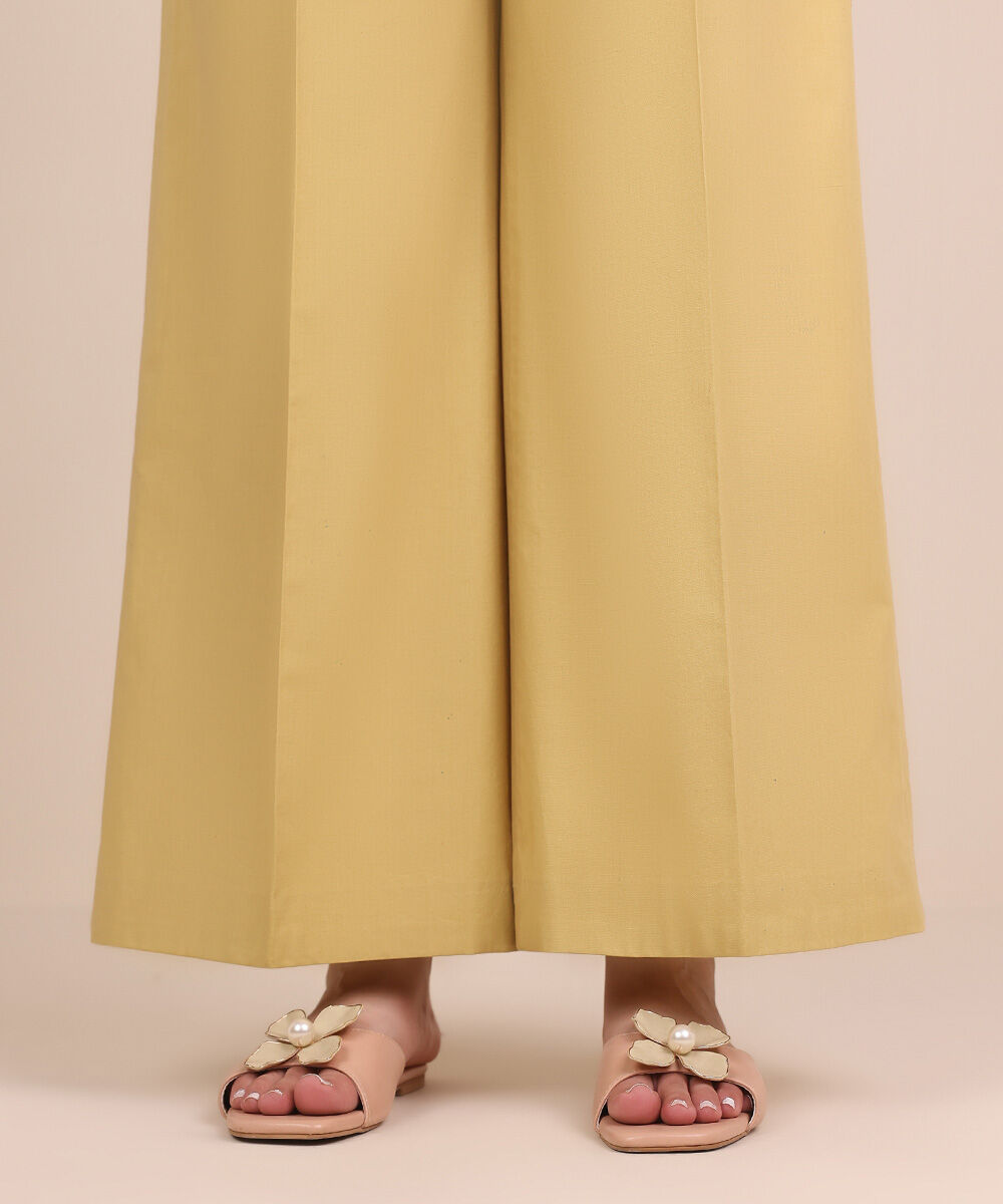 Unstitched Women's Yellow Cotton Solid Trousers