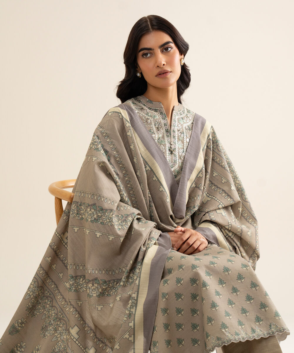Women's Unstitched Cotton Embroidered Grey 3 Piece Suit