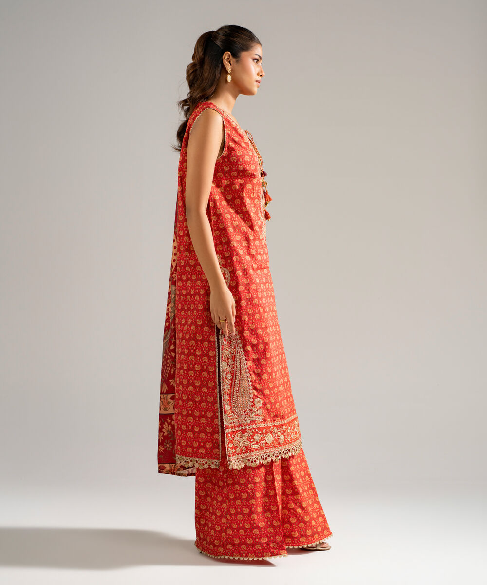 Women's RTW Dobby Embroidered Rust 3 Piece Suit