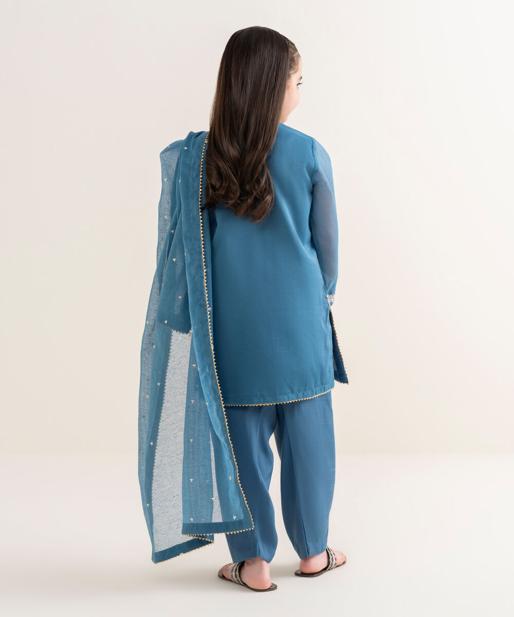 Girl's Blended Textured Karandi Embroidered Blue Three Piece Suit