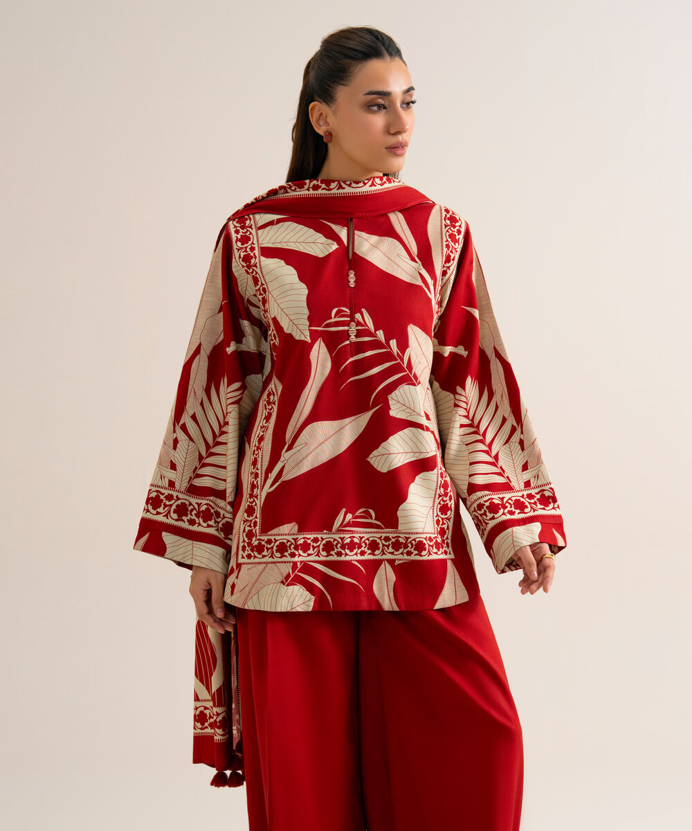Women's Unstitched Viscose Linen Printed Red 3 Piece Suit