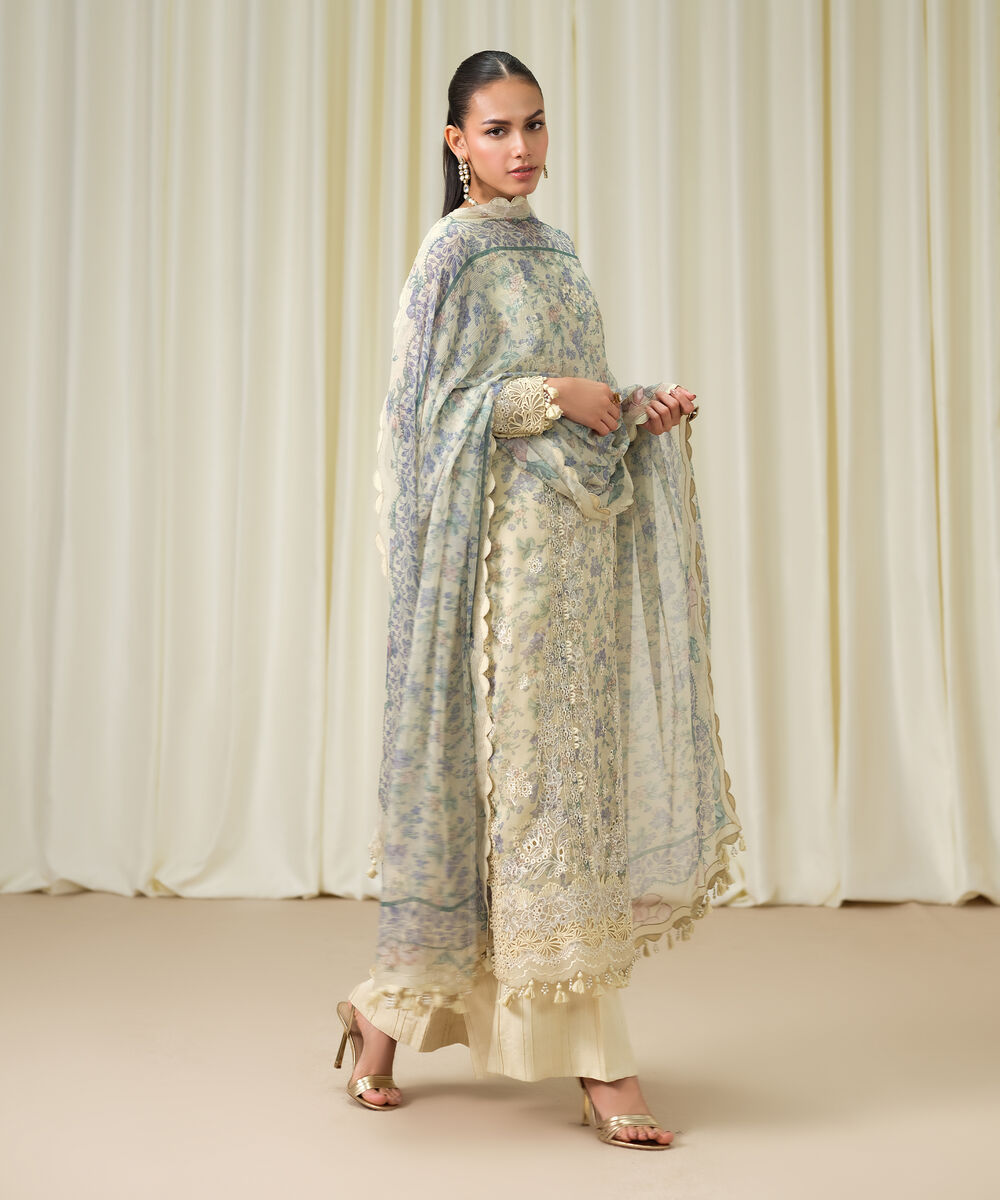 Women's Unstitched Blended Chiffon Embroidered Yellow 3 Piece Suit