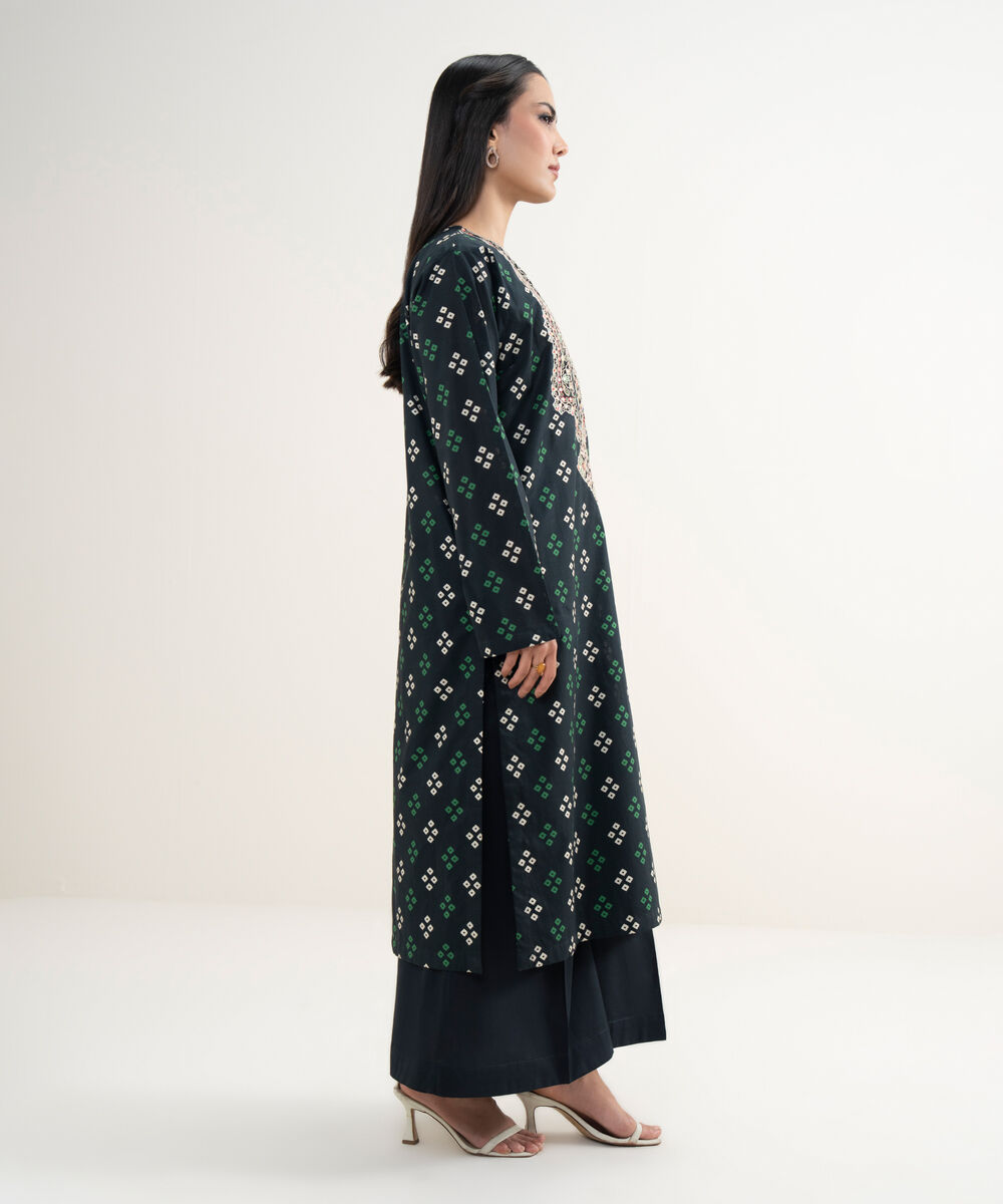 Women's RTW Slub Lawn Embroidered Black Straight Shirt