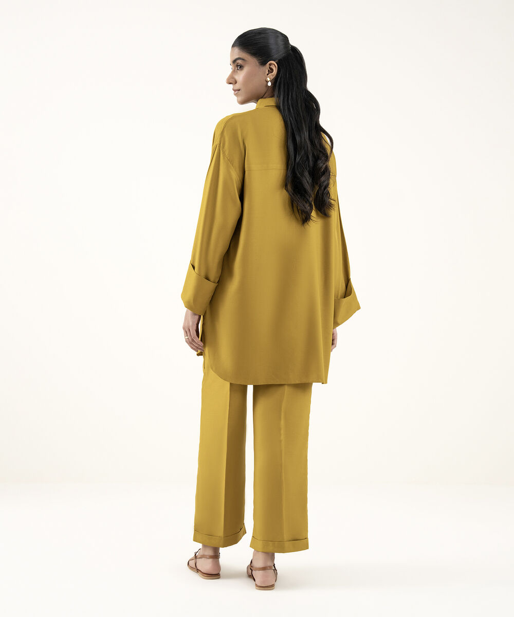 Women's RTW Dobby Mustard Solid Button Down Shirt