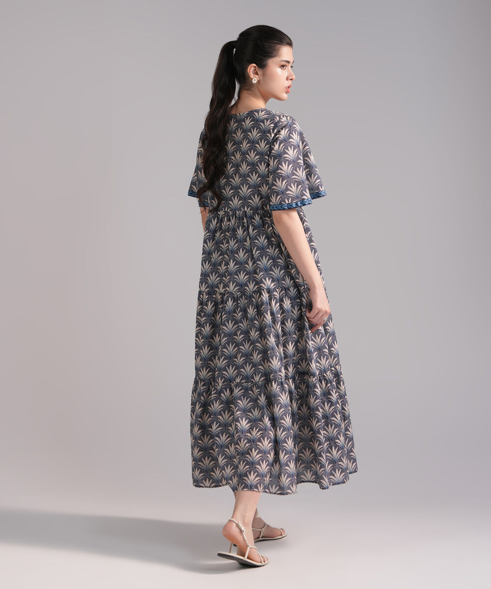 Women's RTW Slub Lawn Printed Dark Blue Dress Shirt