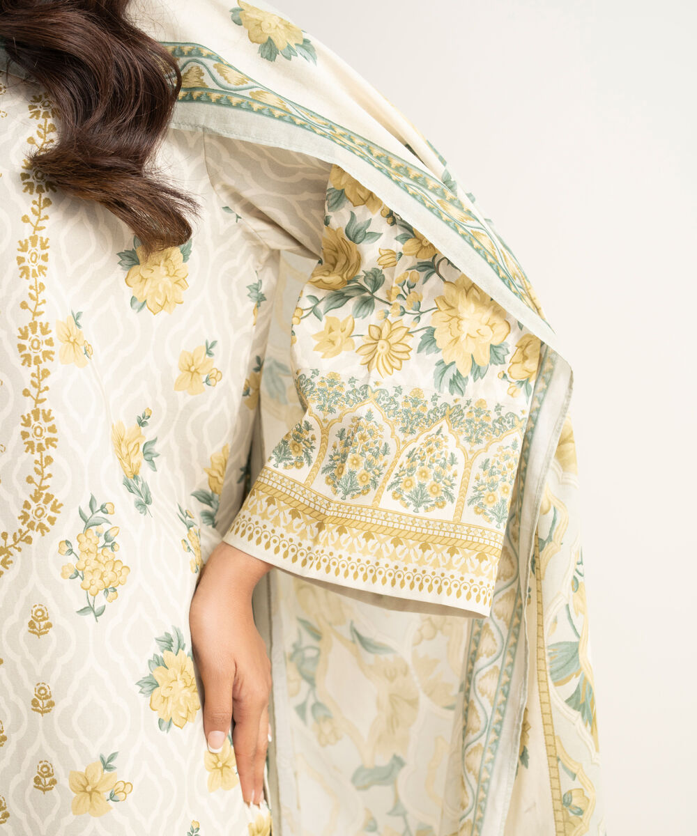 Women's Unstitched Lawn Printed Beige 3 Piece Suit