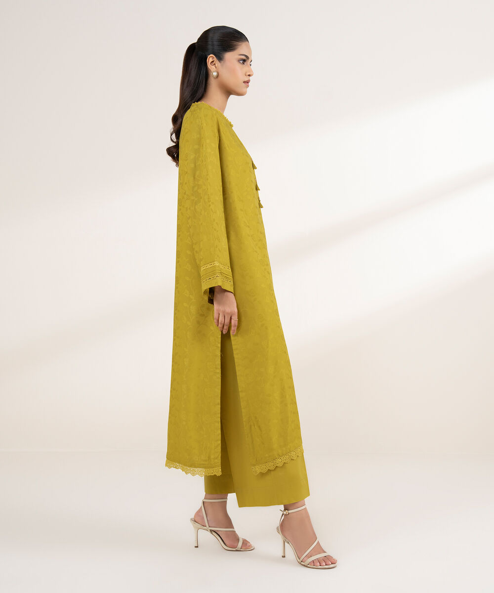 Women's RTW Arabic Self Jacquard Yellow Solid A-Line Shirt