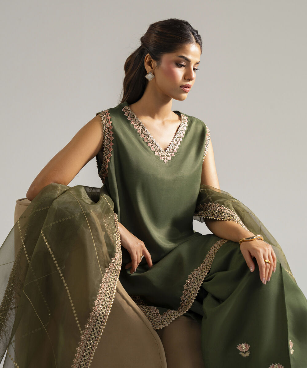 Women's RTW Raw Silk Embroidered Olive Green 3 Piece Suit