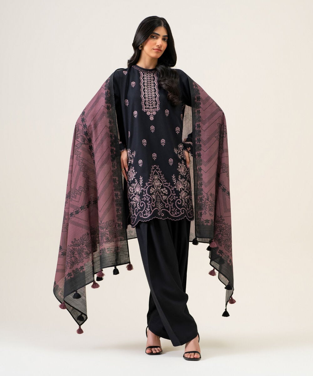 Womens Unstitched Light Khaddar Embroidered Black 3 Piece Suit