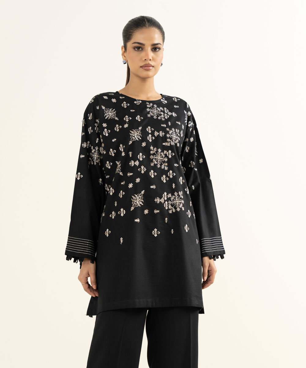 Women's RTW Linen Viscose Embroidered Black Boxy Shirt