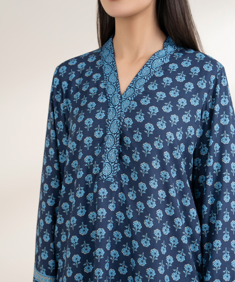 Women's RTW Arabic Dobby Printed Straight Blue Shirt