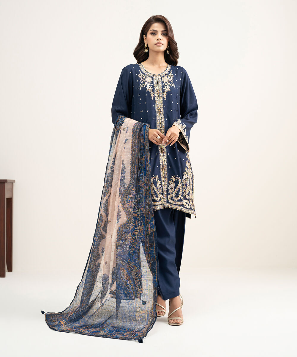 Women's RTW Viscose Raw Silk Embroidered Dark Blue 3 Piece Suit