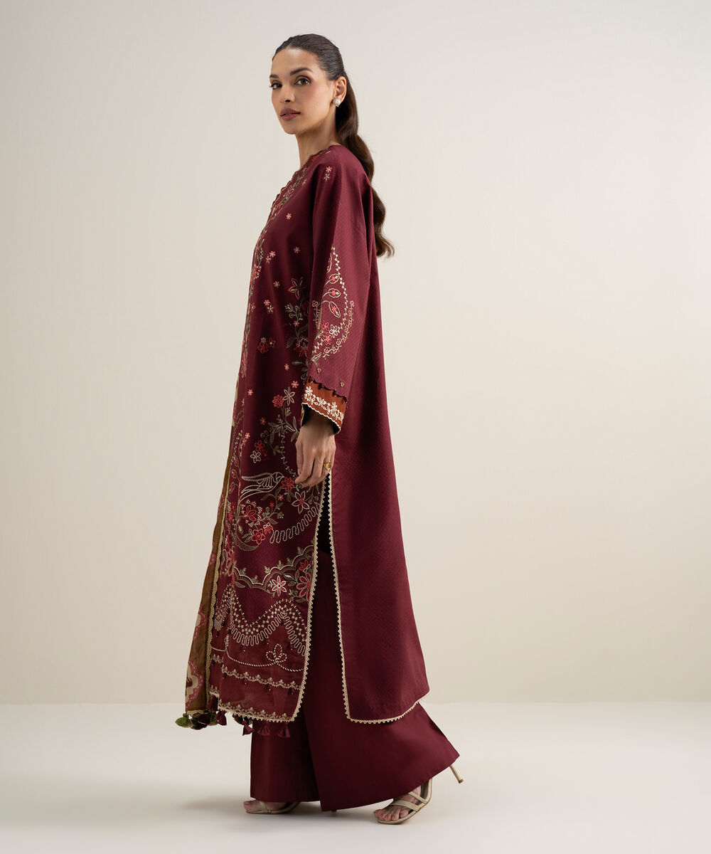 Women's Unstitched Dobby Embroidered Maroon 3 Piece Suit