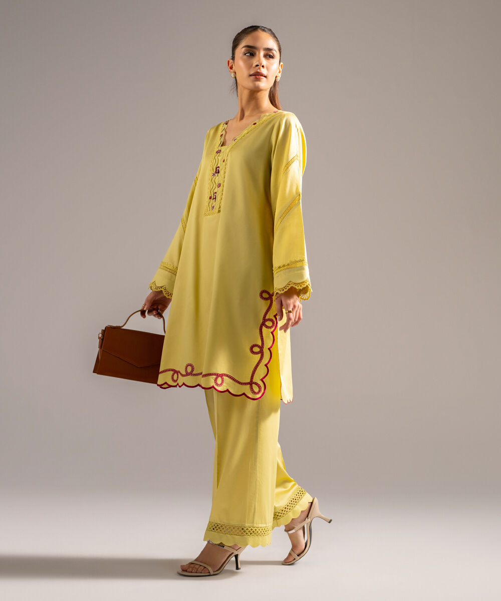Women's RTW Cotton Satin Embroidered Lime Yellow 2 Piece Suit