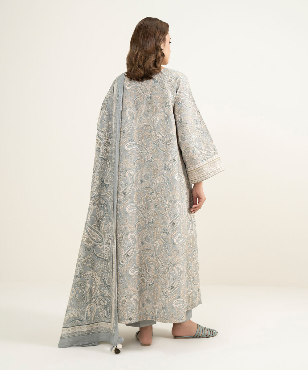 Women's Three Piece Grey Khaddar Printed Suit