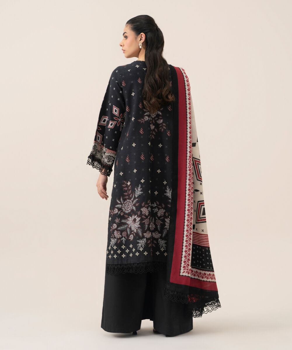 Women's Unstitched Premium Khaddar Printed Black 3 Piece Suit