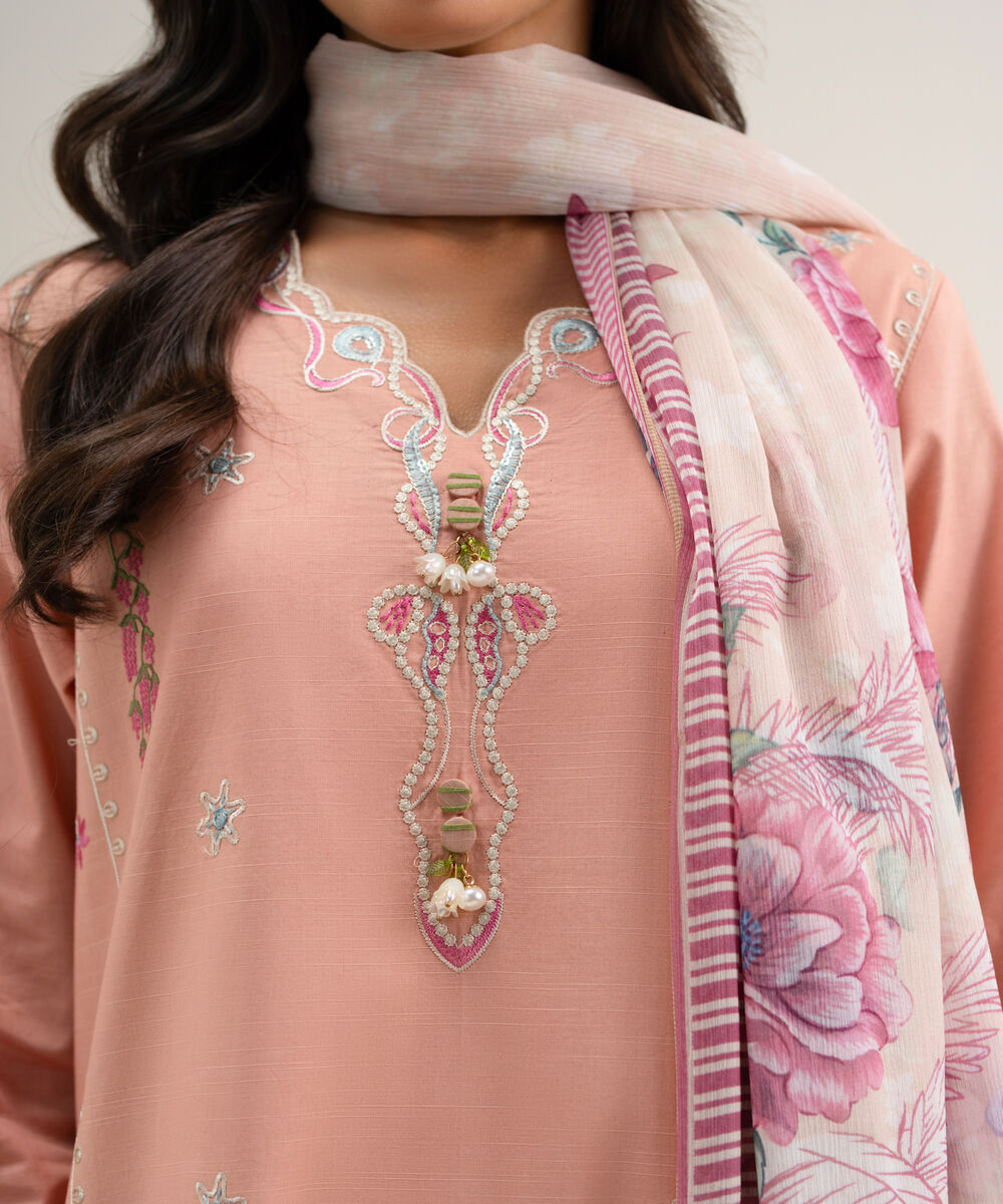 Women's Unstitched Embroidered Textured Lawn Coral 3 Piece Suit