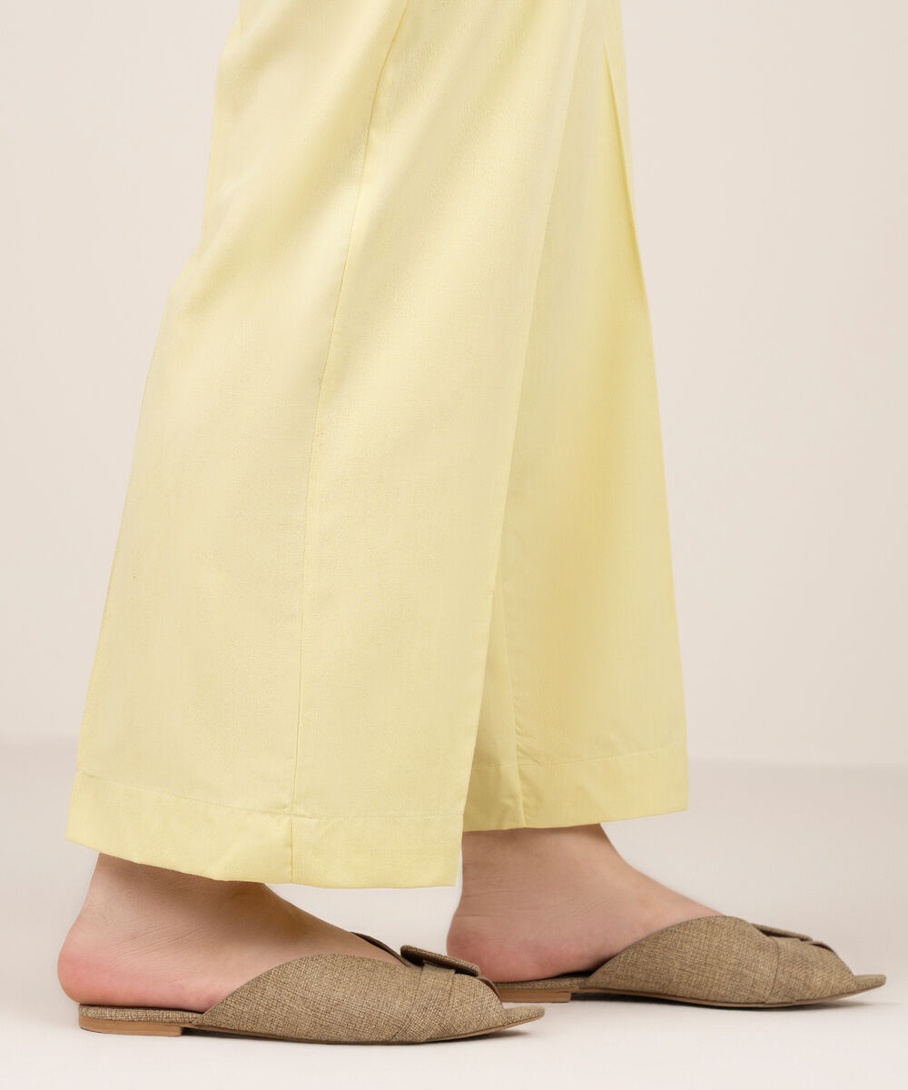 Women's RTW Self Jacquard Leno Solid Pale Yellow Straight Pants