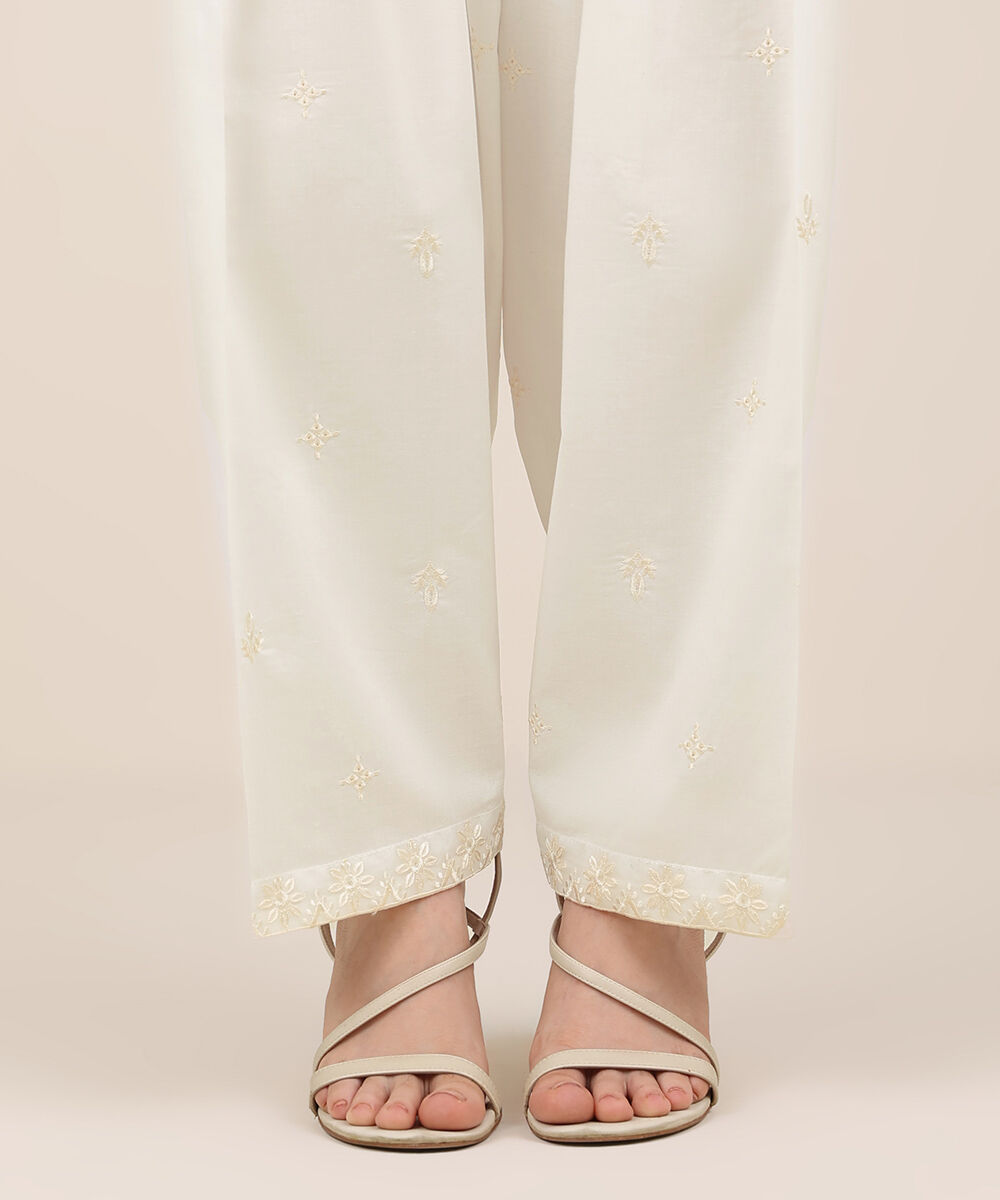 Women's RTW Cambric White Embroidered Shalwar