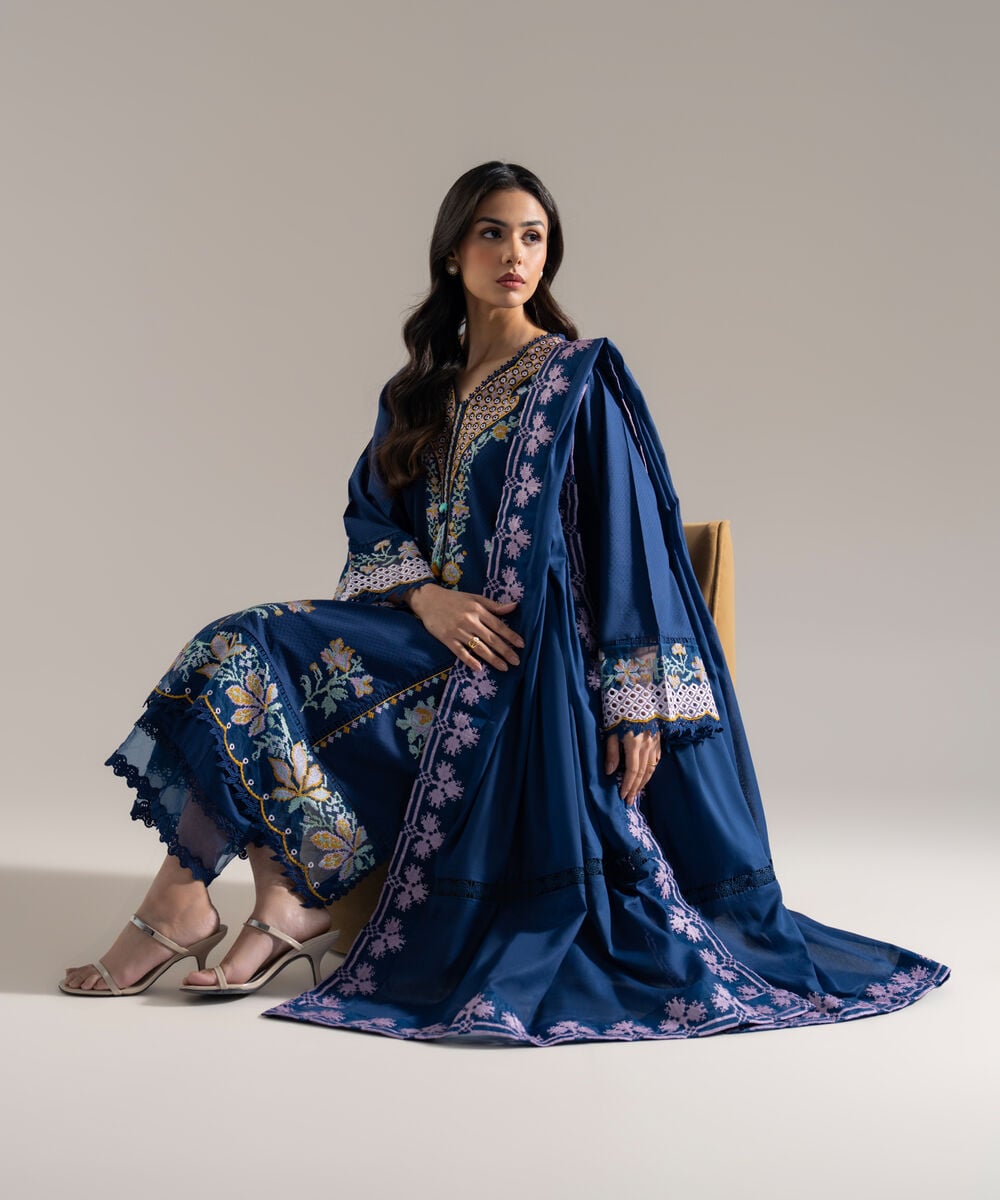 Women's RTW Dobby Solid Embroidered Blue 3 Piece Suit
