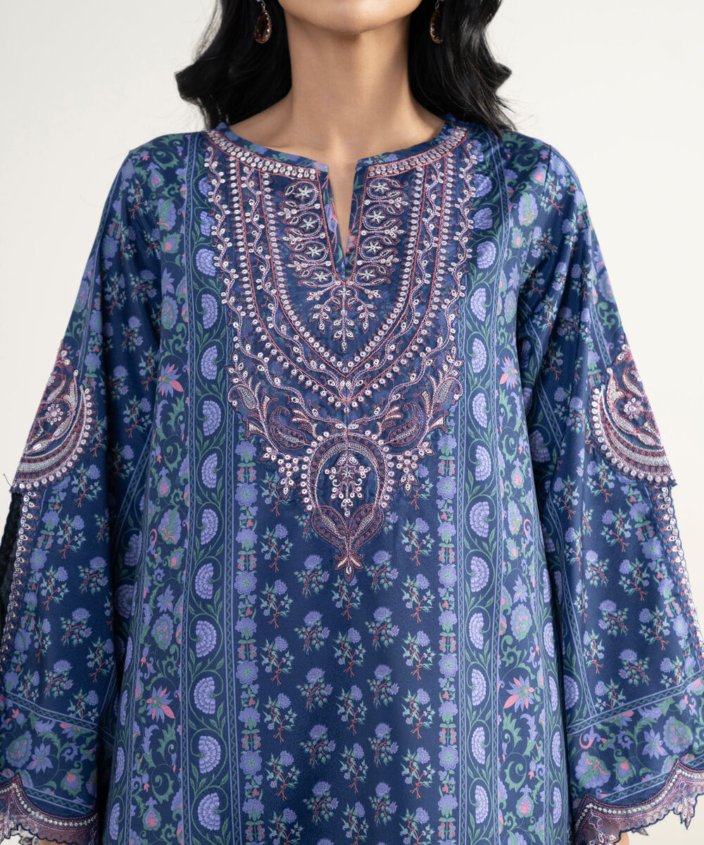 Women's Unstitched Blended Grip Silk Embroidered Blue 3 Piece Suit