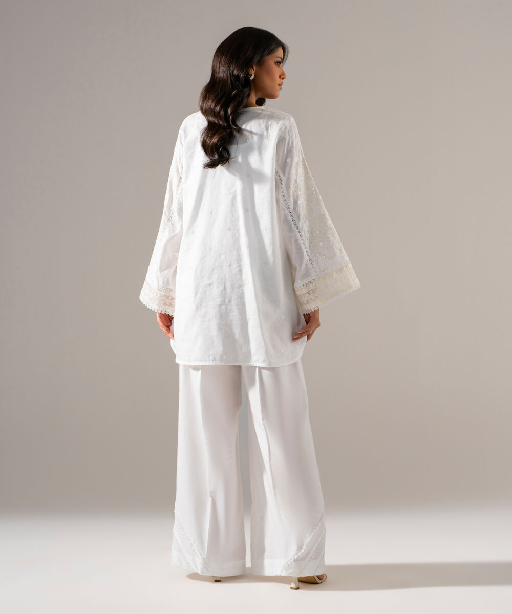 Women's RTW Self Jacquard Solid Embroidered Off White 2 Piece Suit