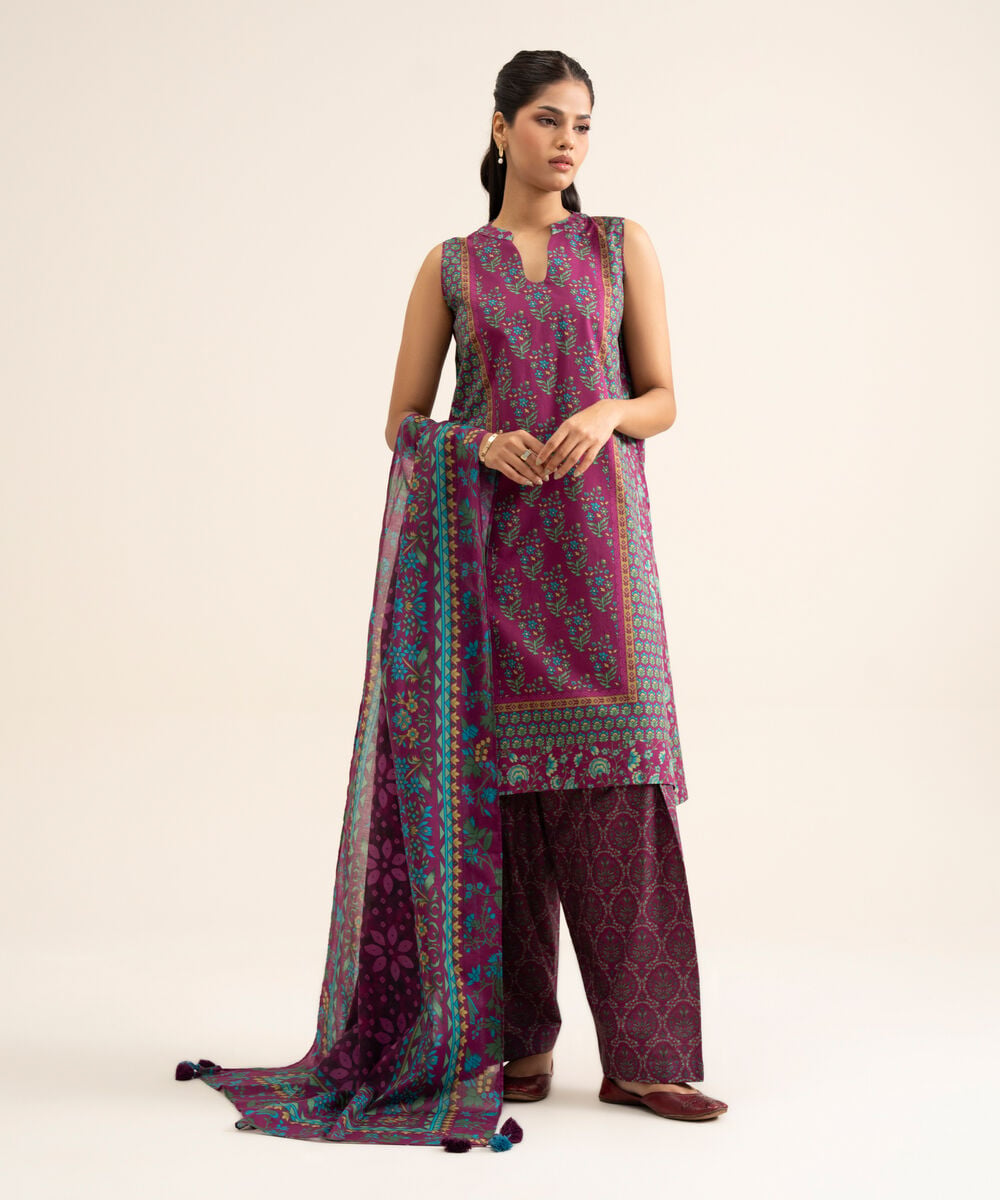 Women's Unstitched Premium Khaddar Printed Plum 3 Piece Suit