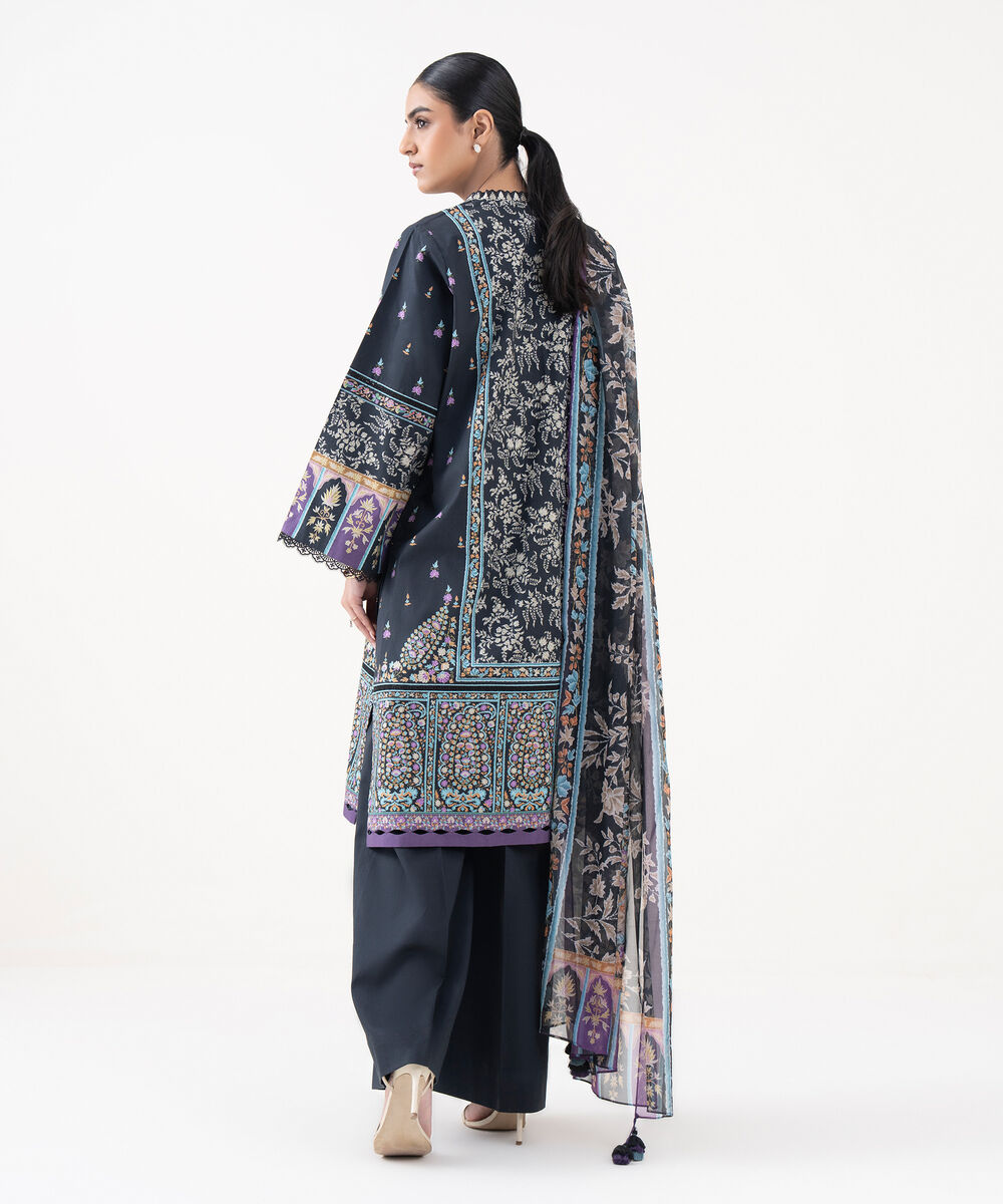 Women's Unstitched Cotton Printed Blue 3 Piece Suit