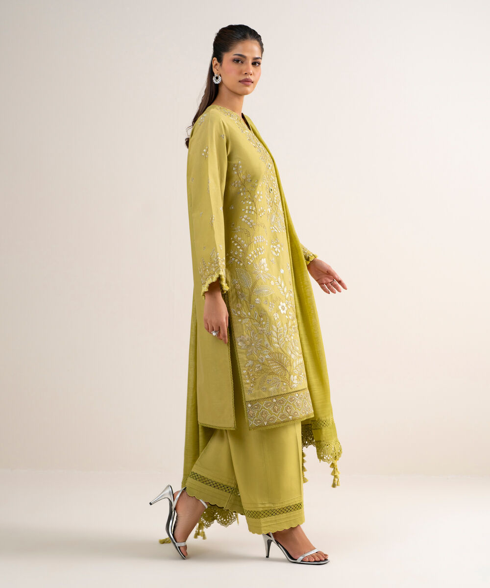 Women's Unstitched Lawn Embroidered Green 3 Piece Suit