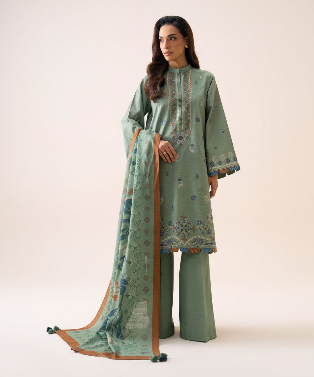 Women's Unstitched Light Khaddar Embroidered Mint Green 3 Piece Suit