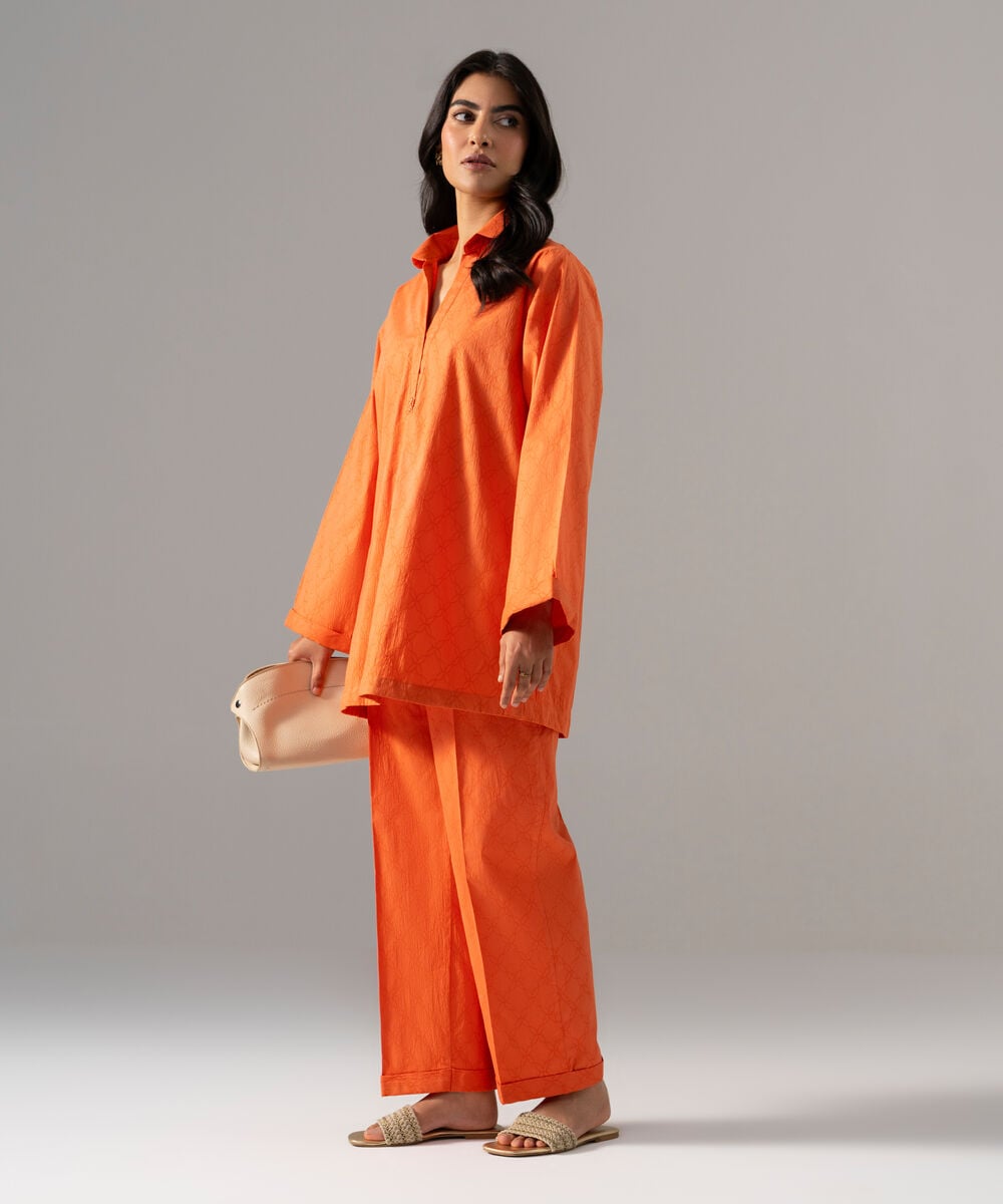Women's RTW Textured Cotton Solid Orange 2 Piece Suit