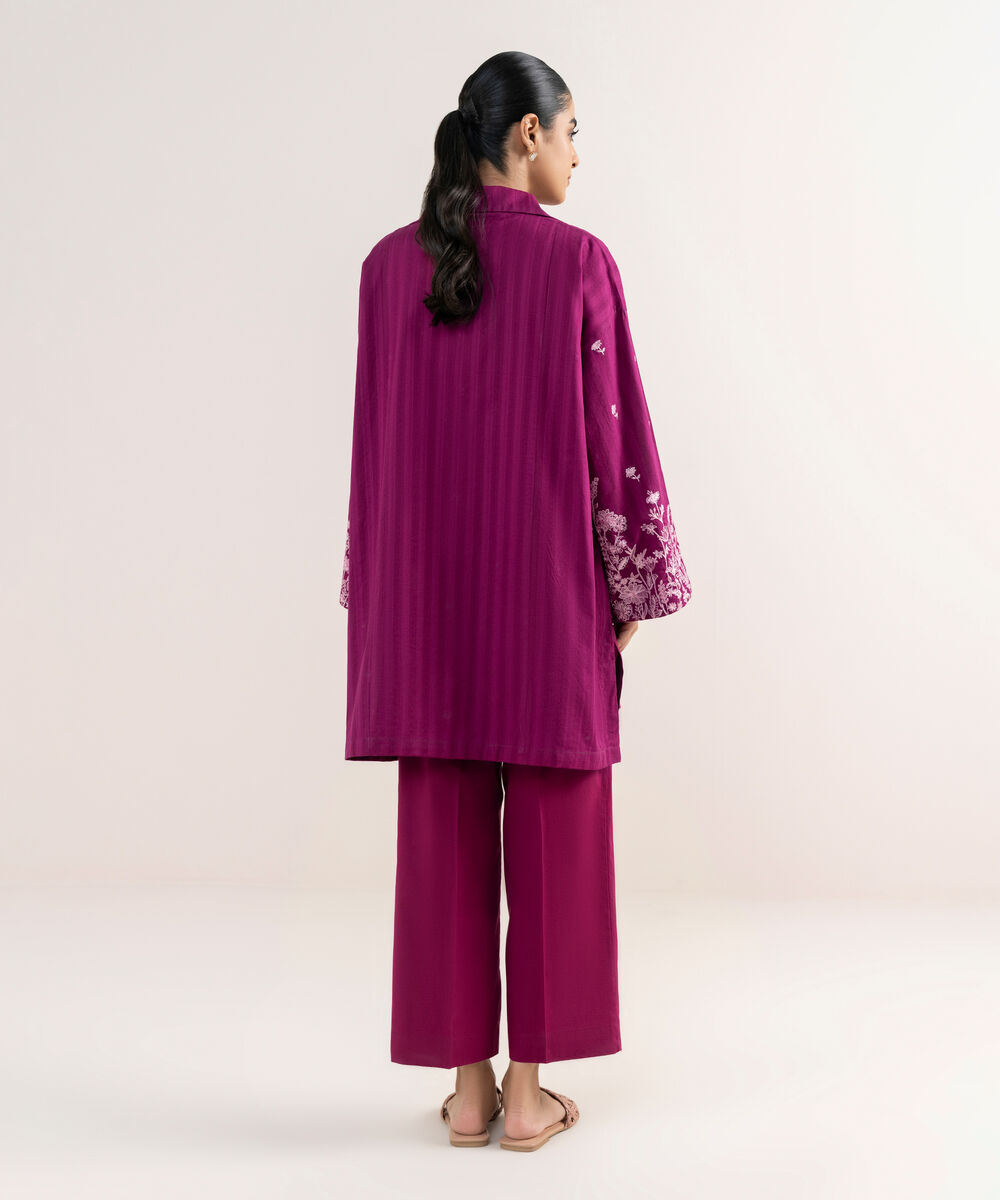 Women's RTW Textured Lawn Purple Embroidered Drop Shoulder Shirt