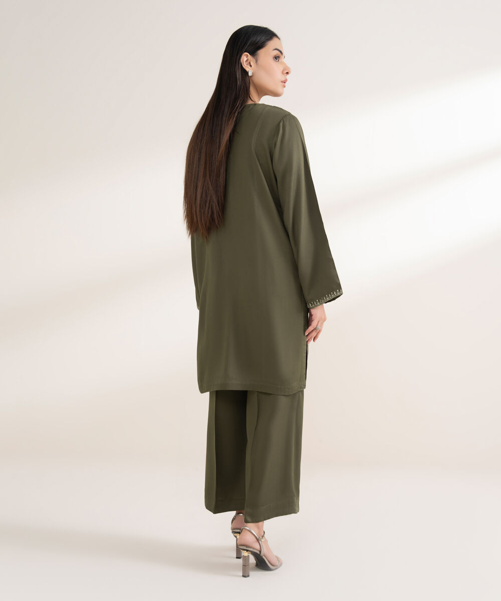 Women's RTW Bedford Embroidered Straight Olive Green Shirt