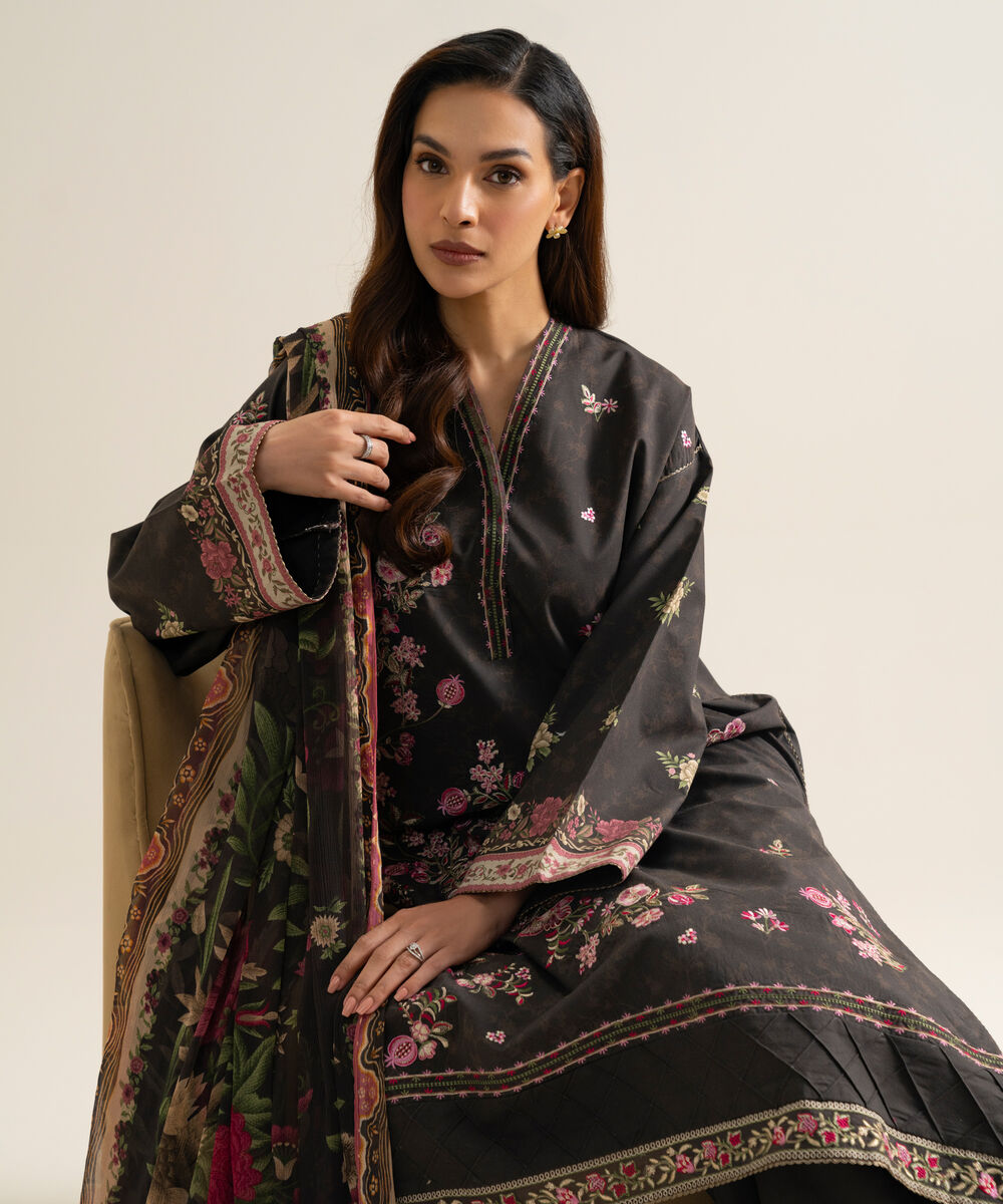 Women's Unstitched Blended Chiffon Embroidered Brown 3 Piece Suit