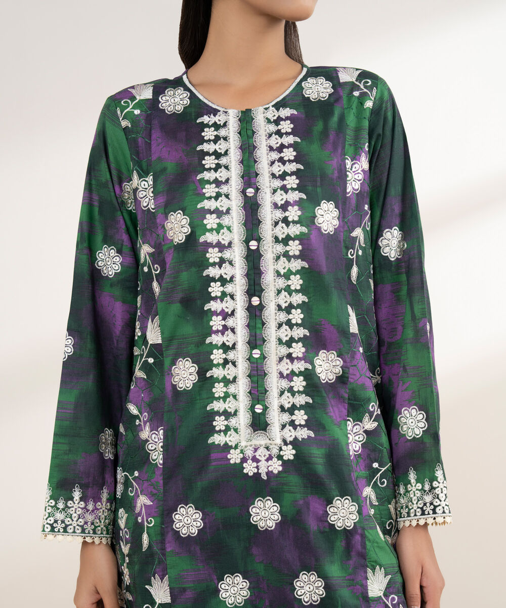 Women's RTW Lawn Green Embroidered A-Line Shirt