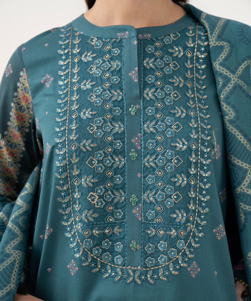 Women's Unstitched Fine Cotton Satin Embroidered Green 3 Piece Suit