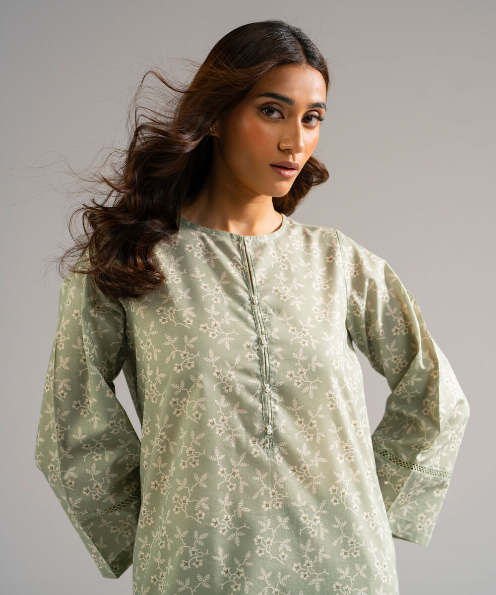 Women's RTW Zari Lawn Printed Green Straight Shirt