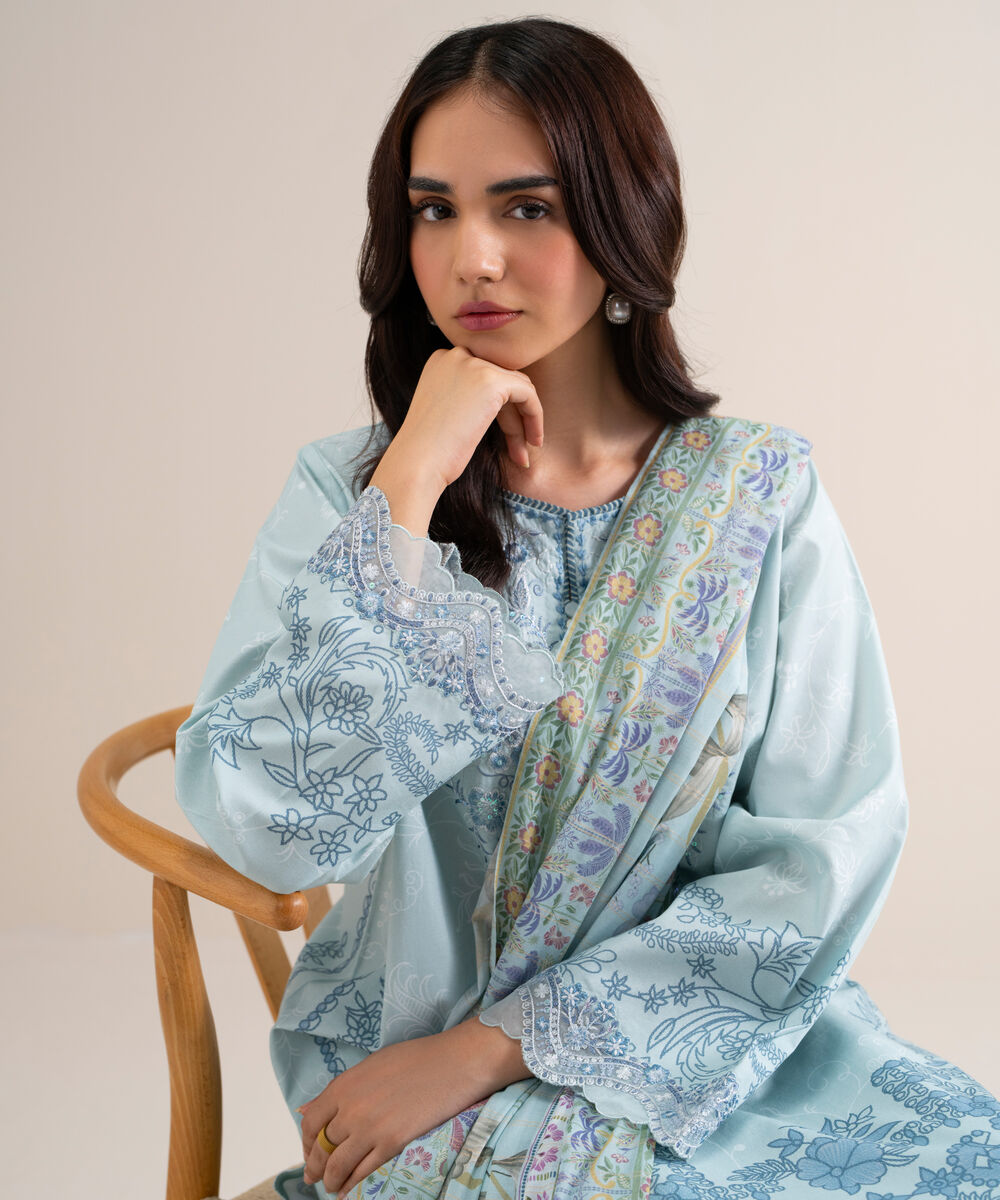 Women's Unstitched Embroidered Cotton Ice Blue 3 Piece Suit
