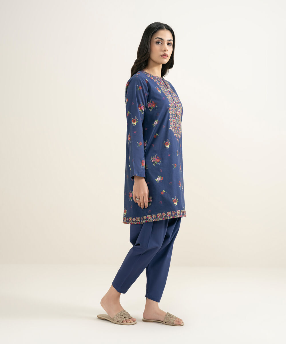 Women's RTW Slub Lawn Embroidered Blue Straight Shirt