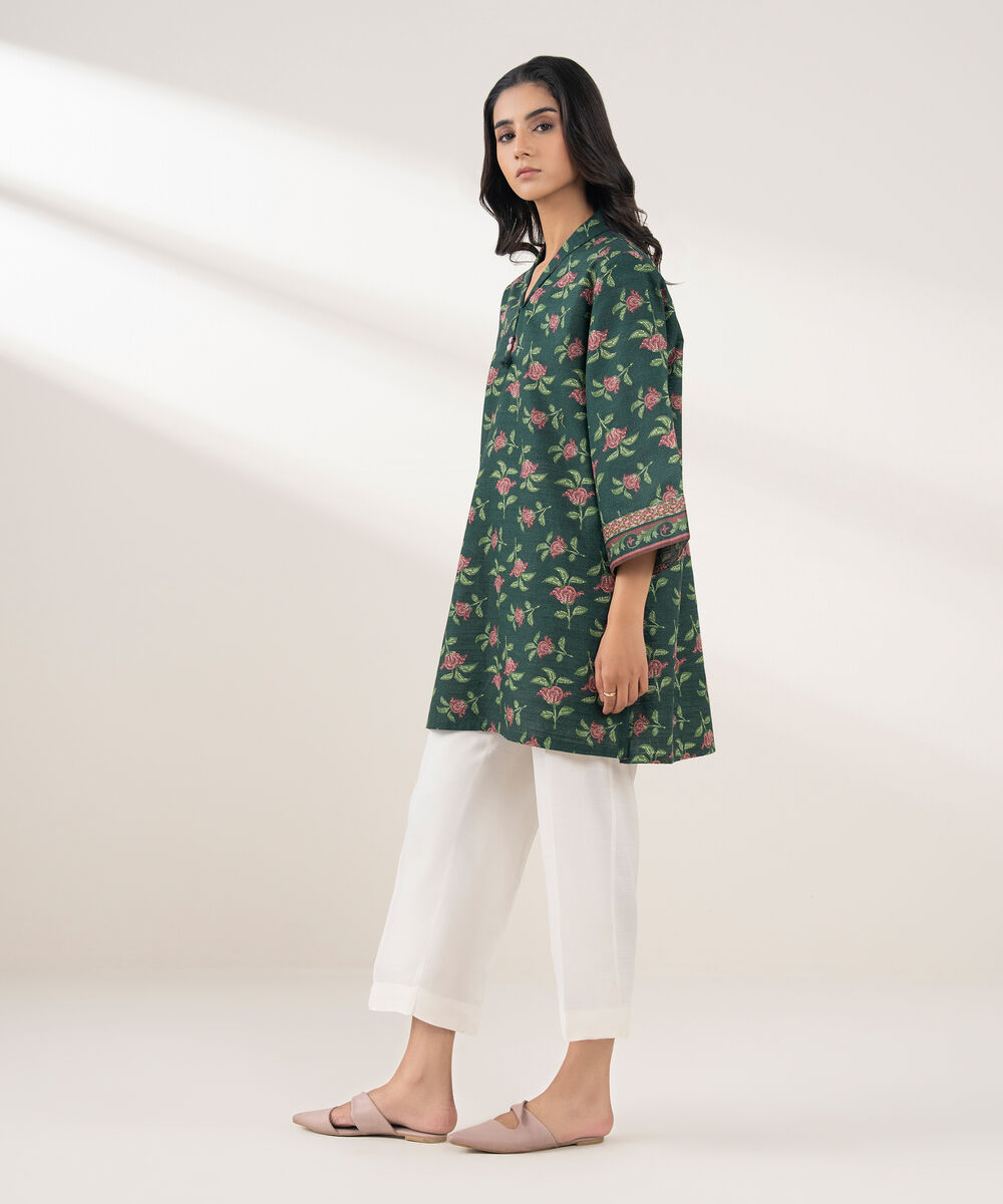 Women's RTW Khaddar Printed Straight Green Shirt