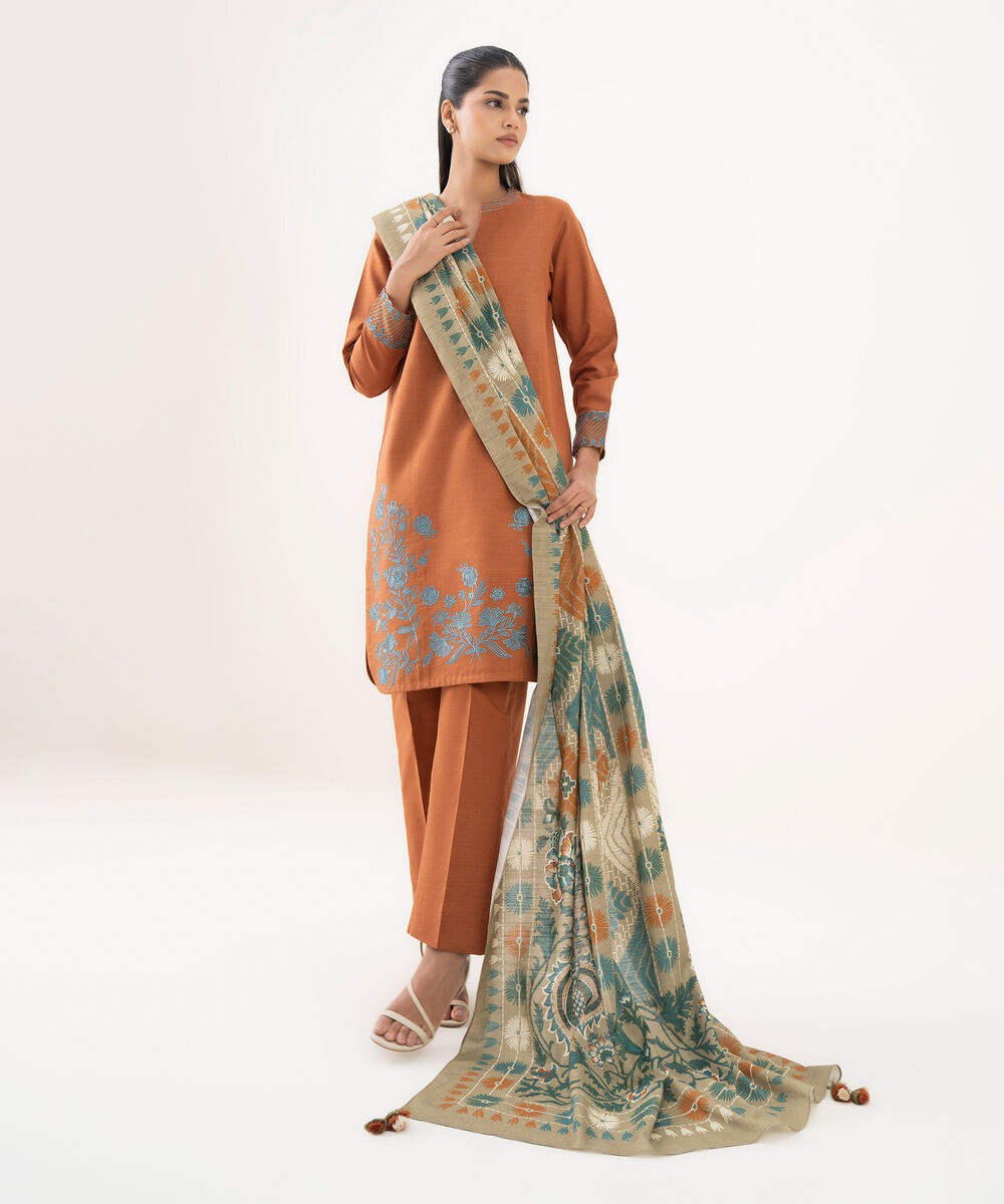 Women's Unstitched Light Khaddar Embroidered Orange 3 Piece Suit