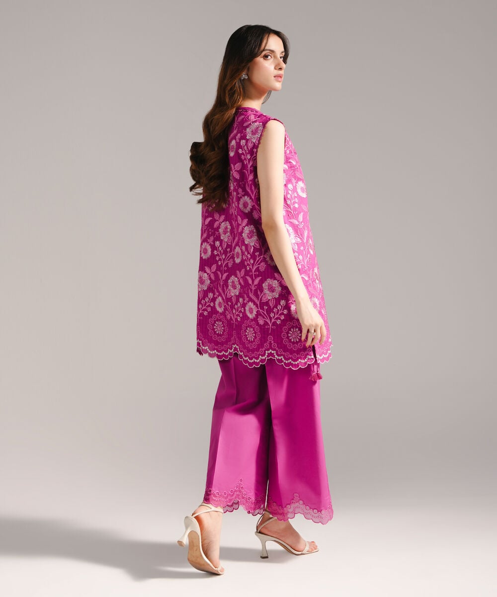 Women's RTW Textured Cotton Embroidered Dark Pink 2 Piece Suit