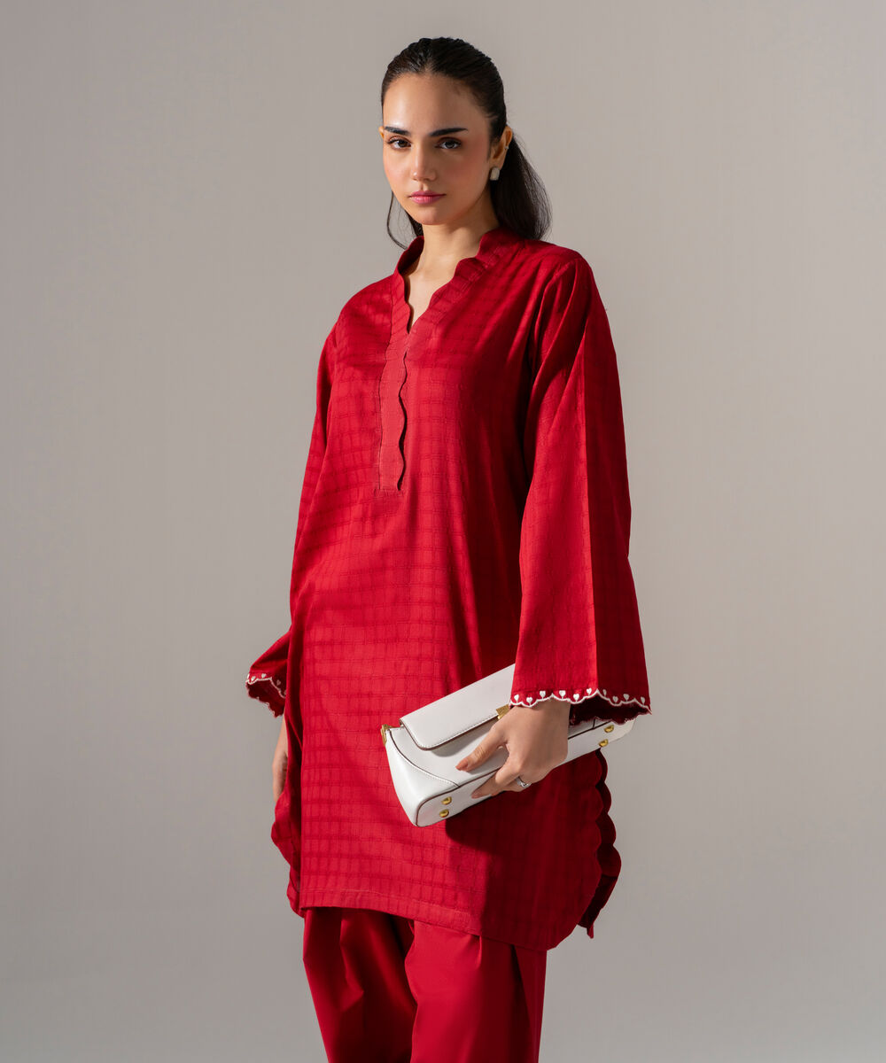 Women's RTW 3D dobby Solid Embroidered Maroon Flared A-Line