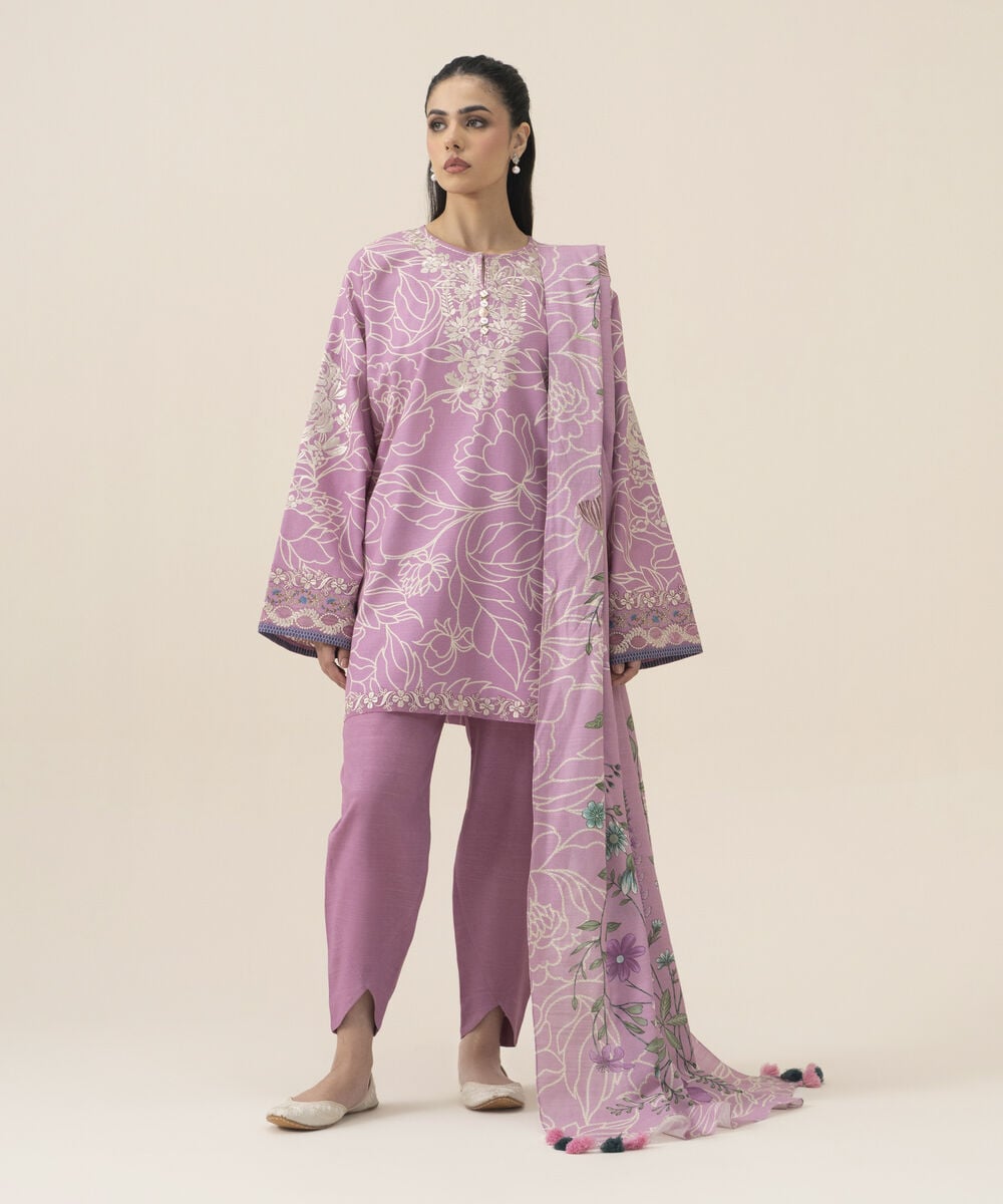 Women's Unstitched Lawn Embroidered Pink 3 Piece Suit