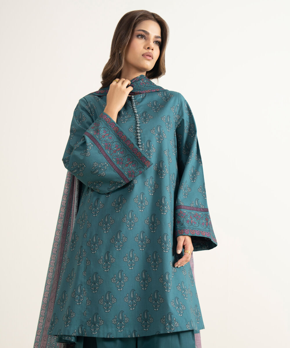 Women's Unstitched Lawn Printed Blue 3 Piece Suit