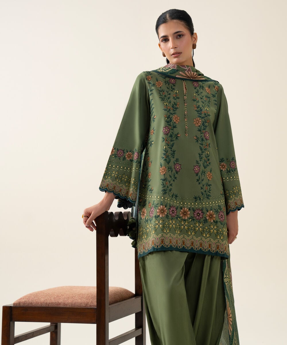 Womens Unstitched Viscose Linen Printed Green 3 Piece Suit