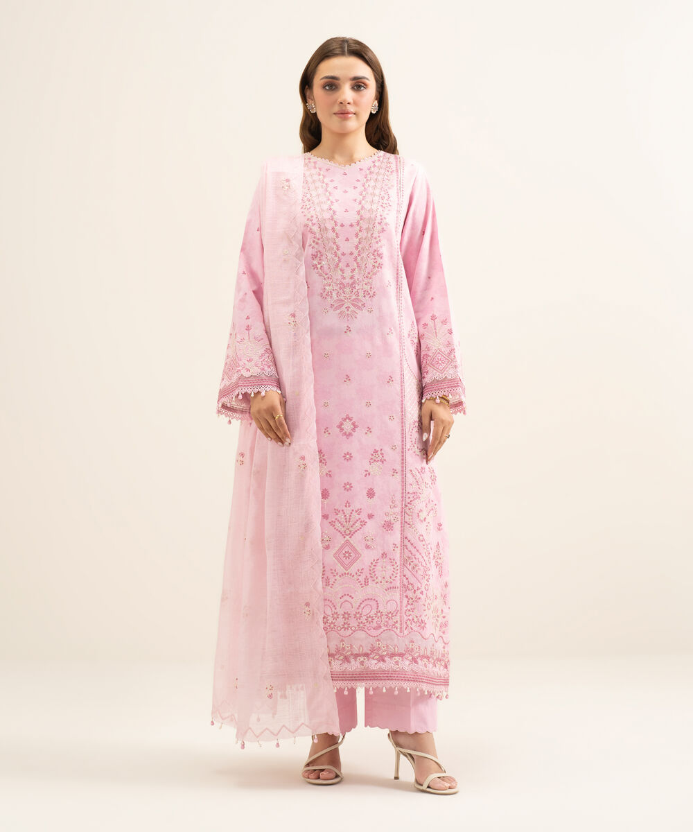 Women's Unstitched Cotton Jacquard Embroidered Pink 3 Piece Suit